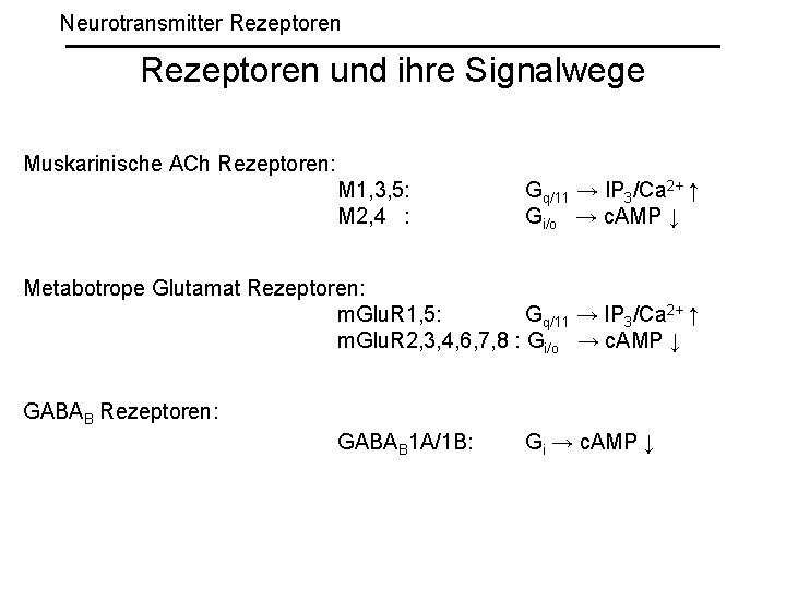 Neurotransmitter Rezeptoren und ihre Signalwege Muskarinische ACh Rezeptoren: M 1, 3, 5: M 2,