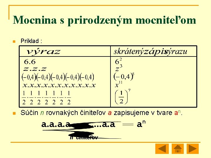 Mocnina s prirodzeným mocniteľom n Príklad : n Súčin n rovnakých činiteľov a zapisujeme
