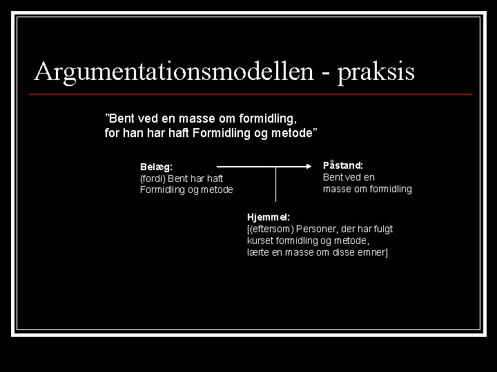 Argumentationsmodellen - praksis ”Bent ved en masse om formidling, for han har haft Formidling Argumentationsmodellen - praksis ”Bent ved en masse om formidling, for han har haft Formidling