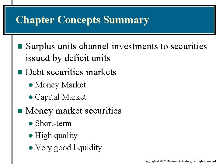 Chapter Concepts Summary Surplus units channel investments to securities issued by deficit units n