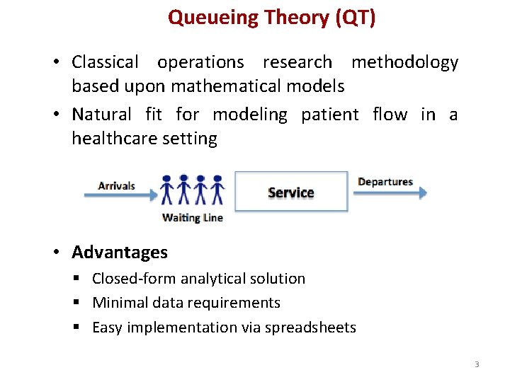 Queueing Theory (QT) • Classical operations research methodology based upon mathematical models • Natural