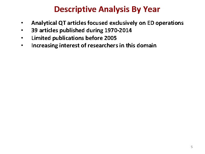 Descriptive Analysis By Year • • Analytical QT articles focused exclusively on ED operations