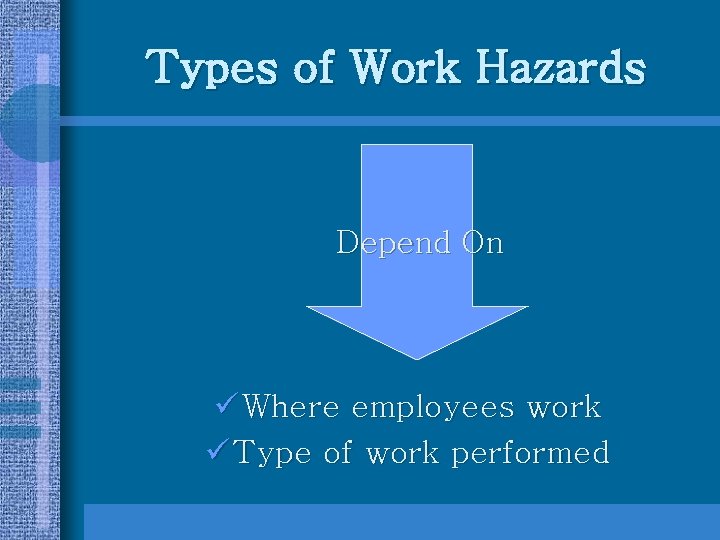 Types of Work Hazards Depend On ü Where employees work ü Type of work