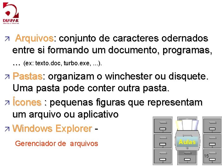 Arquivos: conjunto de caracteres odernados entre si formando um documento, programas, . . .