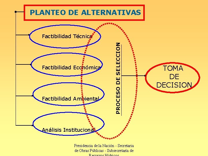 PLANTEO DE ALTERNATIVAS Factibilidad Económica Factibilidad Ambiental PROCESO DE SELECCION Factibilidad Técnica Análisis Institucional