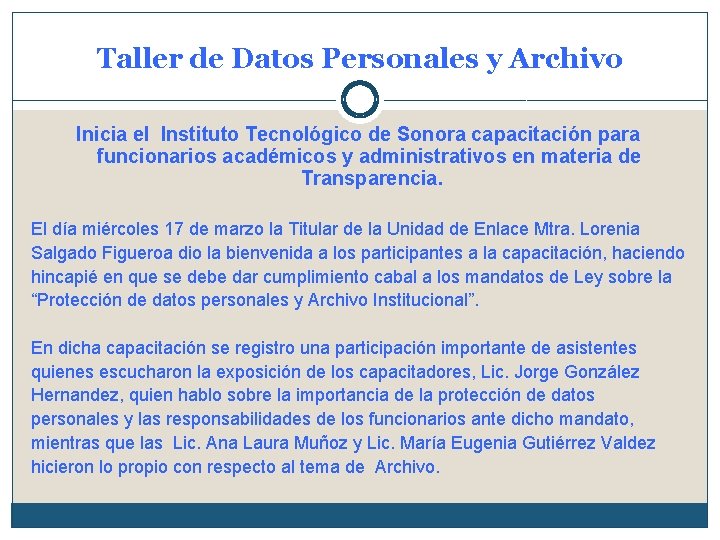 Taller de Datos Personales y Archivo Inicia el Instituto Tecnológico de Sonora capacitación para