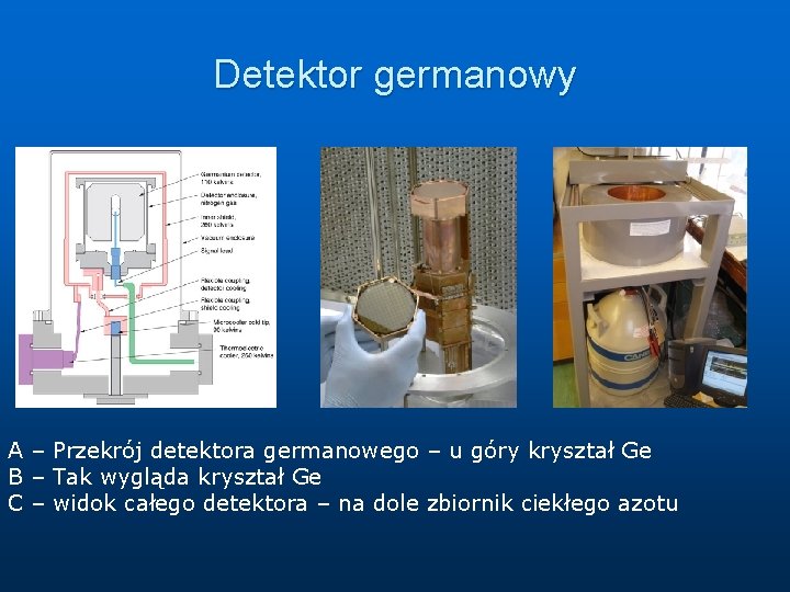 Detektor germanowy A – Przekrój detektora germanowego – u góry kryształ Ge B –