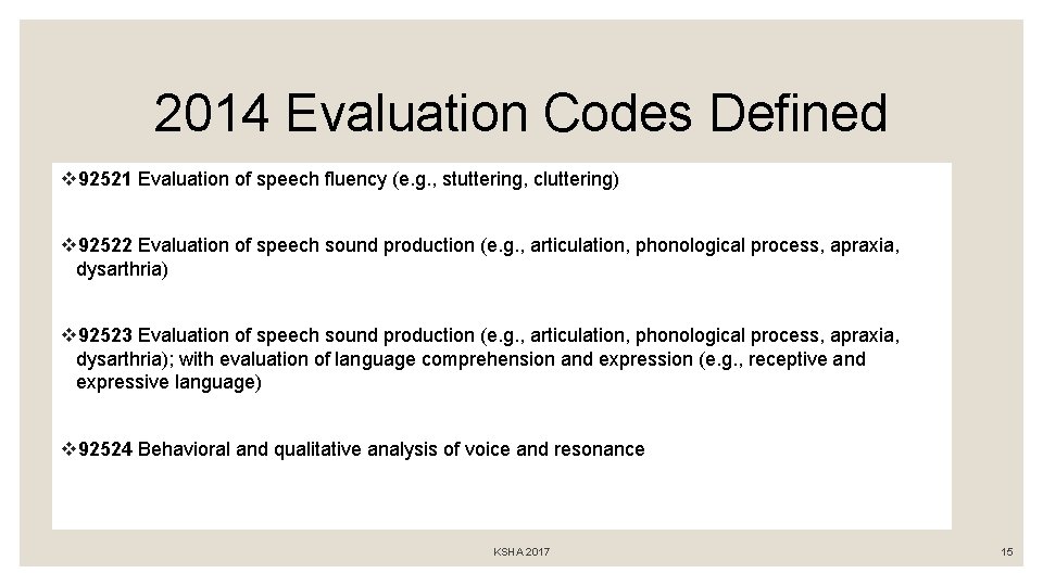 2014 Evaluation Codes Defined v 92521 Evaluation of speech fluency (e. g. , stuttering,