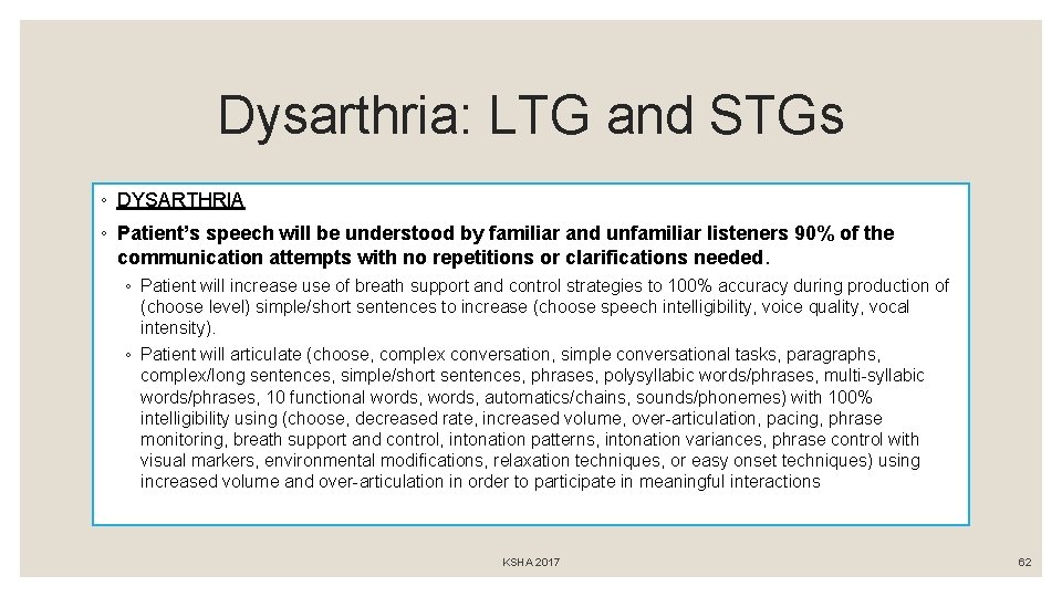 Dysarthria: LTG and STGs ◦ DYSARTHRIA ◦ Patient’s speech will be understood by familiar