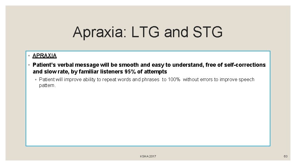 Apraxia: LTG and STG ◦ APRAXIA ◦ Patient’s verbal message will be smooth and