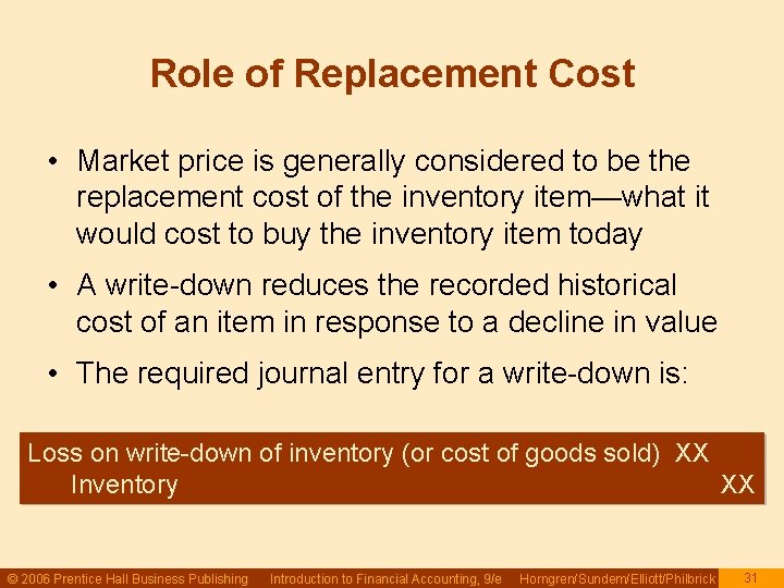 Role of Replacement Cost • Market price is generally considered to be the replacement Role of Replacement Cost • Market price is generally considered to be the replacement