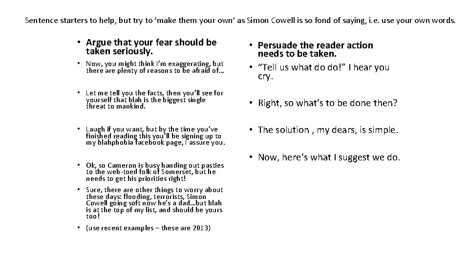 Sentence starters to help, but try to ‘make them your own’ as Simon Cowell Sentence starters to help, but try to ‘make them your own’ as Simon Cowell