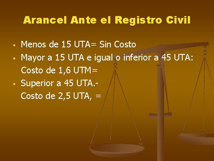 Arancel Ante el Registro Civil Menos de 15 UTA= Sin Costo § Mayor a Arancel Ante el Registro Civil Menos de 15 UTA= Sin Costo § Mayor a