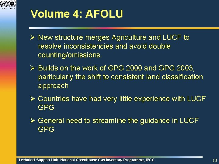 Volume 4: AFOLU Ø New structure merges Agriculture and LUCF to resolve inconsistencies and