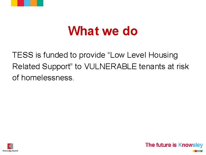 What we do TESS is funded to provide “Low Level Housing Related Support” to