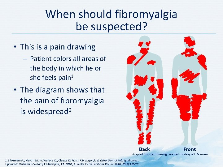 When should fibromyalgia be suspected? • This is a pain drawing – Patient colors
