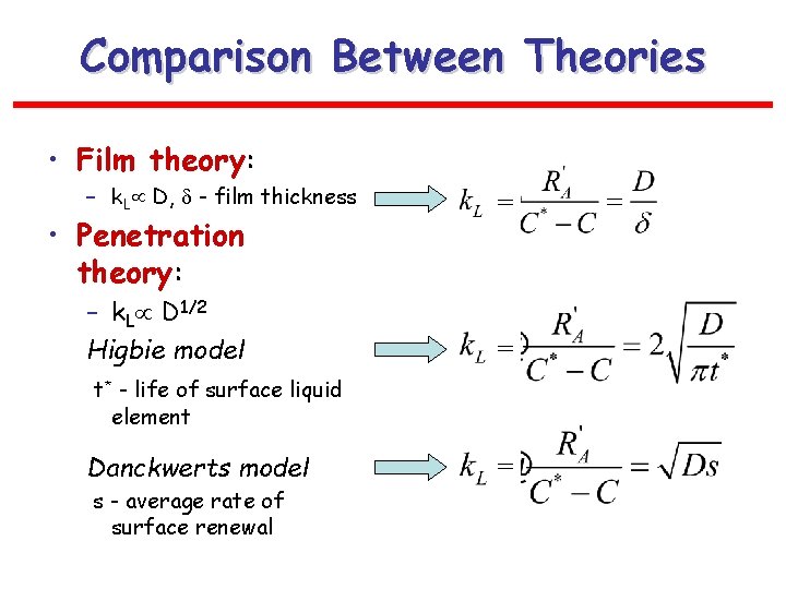 Comparison Between Theories • Film theory: – k. L D, - film thickness =