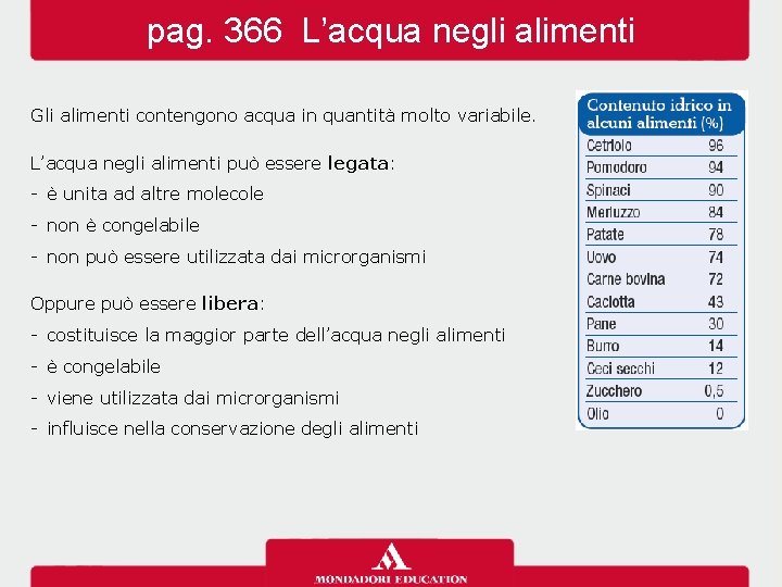 pag. 366 L’acqua negli alimenti Gli alimenti contengono acqua in quantità molto variabile. L’acqua