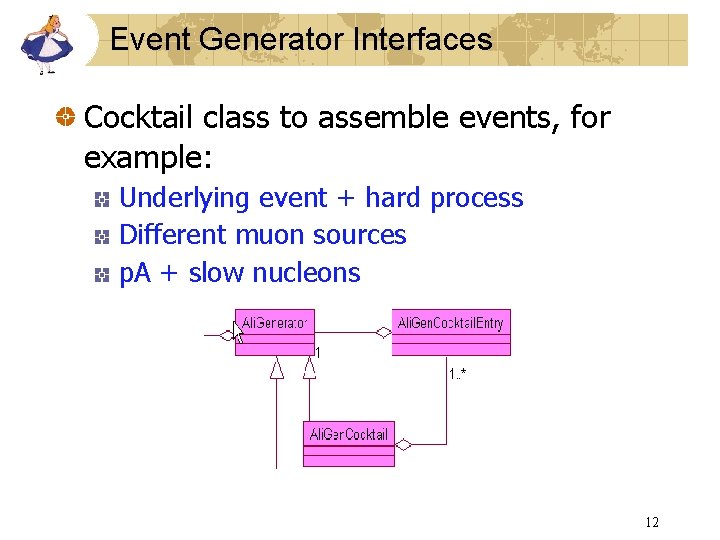 Event Generator Interfaces Cocktail class to assemble events, for example: Underlying event + hard Event Generator Interfaces Cocktail class to assemble events, for example: Underlying event + hard