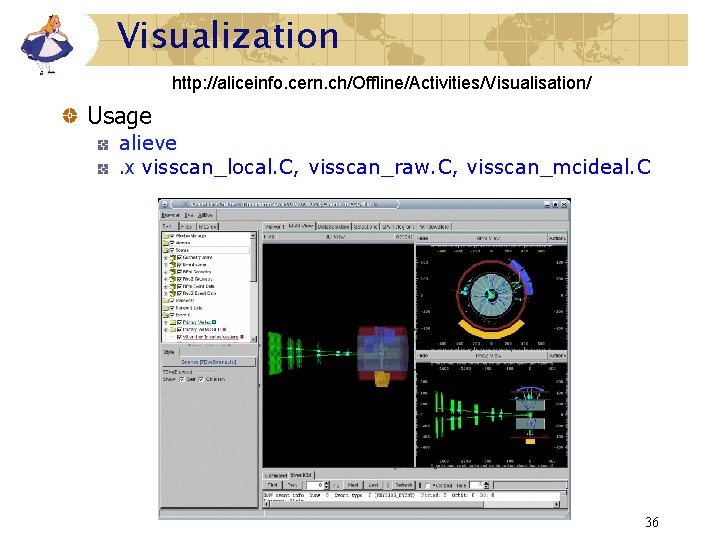 Visualization http: //aliceinfo. cern. ch/Offline/Activities/Visualisation/ Usage alieve. x visscan_local. C, visscan_raw. C, visscan_mcideal. C Visualization http: //aliceinfo. cern. ch/Offline/Activities/Visualisation/ Usage alieve. x visscan_local. C, visscan_raw. C, visscan_mcideal. C