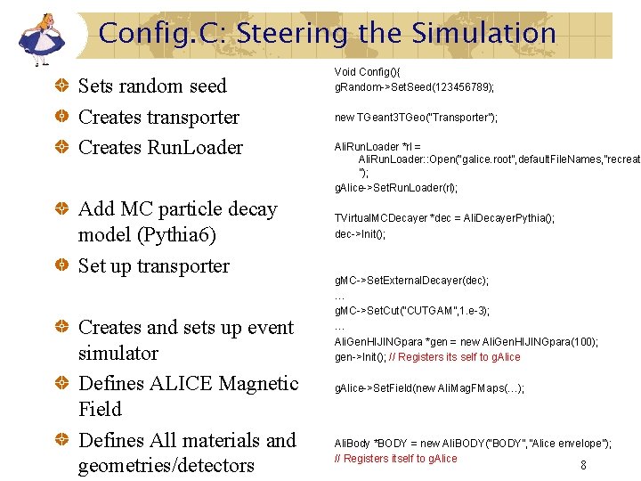 Config. C: Steering the Simulation Sets random seed Creates transporter Creates Run. Loader Add Config. C: Steering the Simulation Sets random seed Creates transporter Creates Run. Loader Add