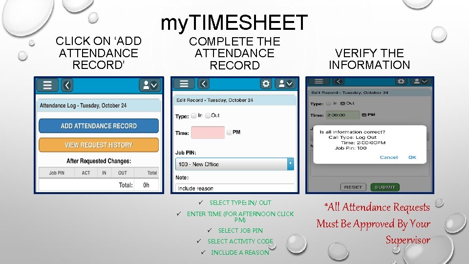my. TIMESHEET CLICK ON ‘ADD ATTENDANCE RECORD’ COMPLETE THE ATTENDANCE RECORD ü ü SELECT