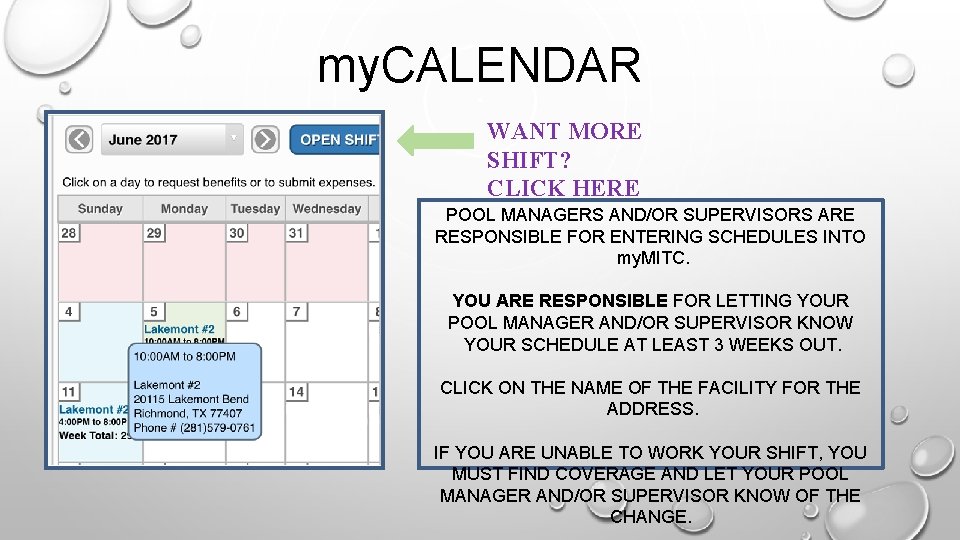 my. CALENDAR WANT MORE SHIFT? CLICK HERE POOL MANAGERS AND/OR SUPERVISORS ARE RESPONSIBLE FOR