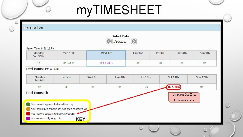my. TIMESHEET Click on the time to review error KEY 