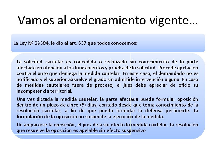 Vamos al ordenamiento vigente… La Ley Nº 29384, le dio al art. 637 que