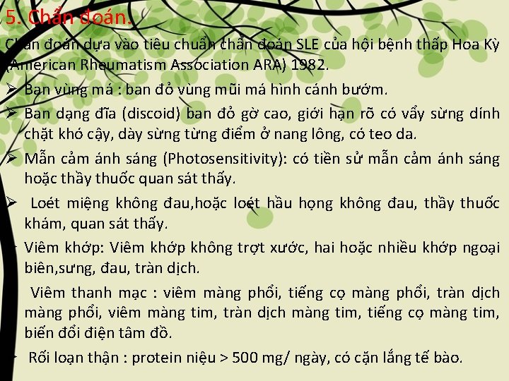 5. Chẩn đoán dựa vào tiêu chuẩn chẩn đoán SLE của hội bệnh thấp