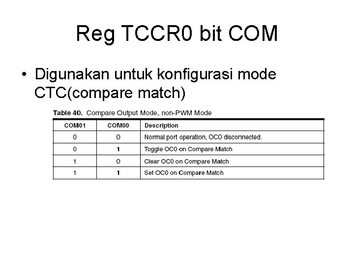 Reg TCCR 0 bit COM • Digunakan untuk konfigurasi mode CTC(compare match) 