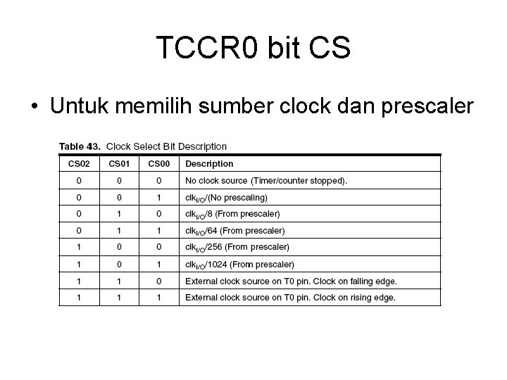 TCCR 0 bit CS • Untuk memilih sumber clock dan prescaler 