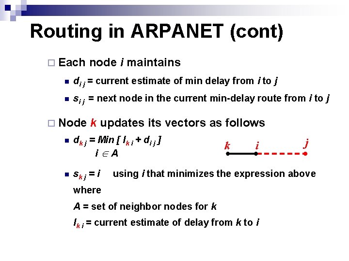 Routing in ARPANET (cont) ¨ Each node i maintains n di j = current