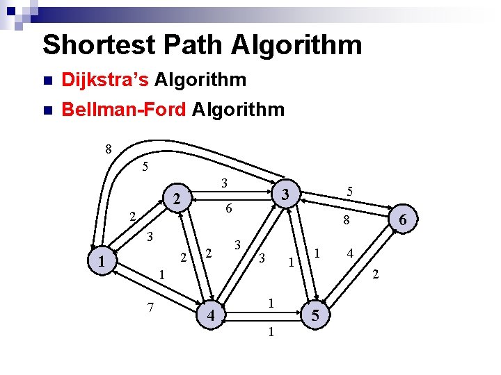 Shortest Path Algorithm n Dijkstra’s Algorithm n Bellman-Ford Algorithm 8 5 3 2 6