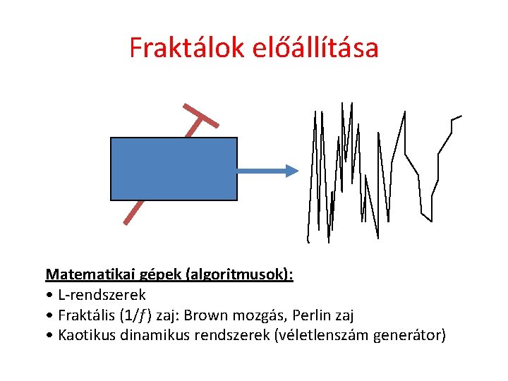 Fraktálok előállítása Matematikai gépek (algoritmusok): • L-rendszerek • Fraktális (1/f ) zaj: Brown mozgás,