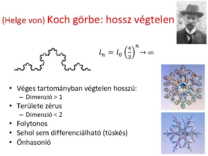 (Helge von) Koch görbe: hossz végtelen • Véges tartományban végtelen hosszú: – Dimenzió >