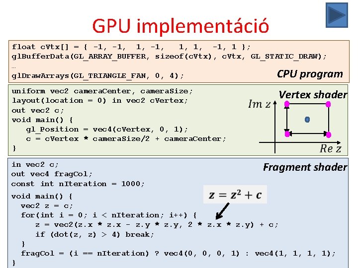 GPU implementáció float c. Vtx[] = { -1, 1, 1, -1, 1 }; gl.