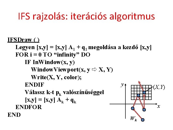 IFS rajzolás: iterációs algoritmus IFSDraw ( ) Legyen [x, y] = [x, y] A