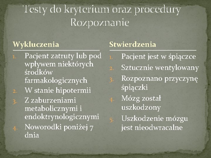 Testy do kryterium oraz procedury Rozpoznanie Wykluczenia Stwierdzenia Pacjent zatruty lub pod wpływem niektórych