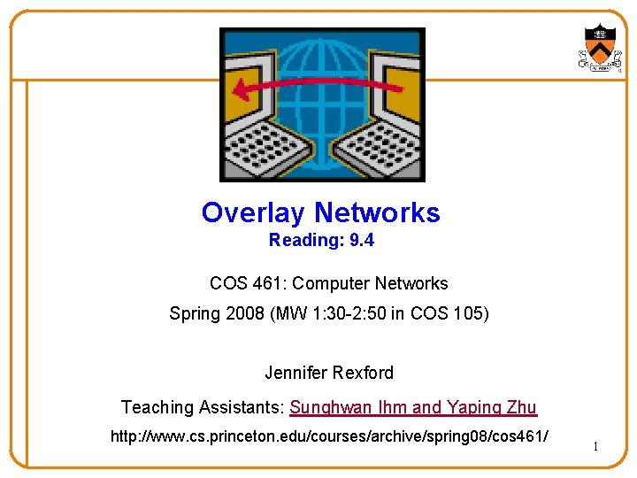 Overlay Networks Reading: 9. 4 COS 461: Computer Networks Spring 2008 (MW 1: 30