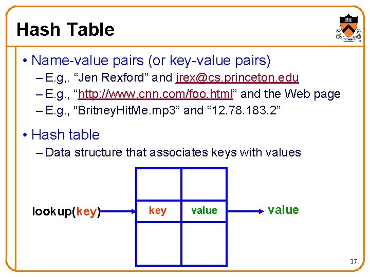 Hash Table • Name-value pairs (or key-value pairs) – E. g, . “Jen Rexford”
