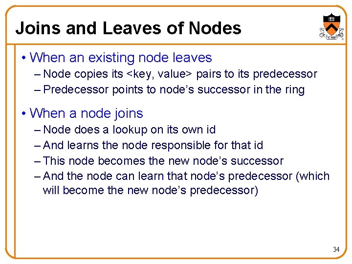Joins and Leaves of Nodes • When an existing node leaves – Node copies