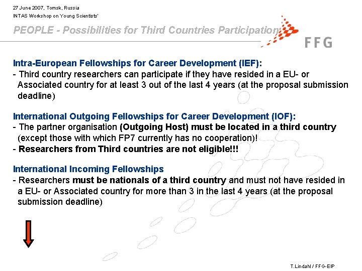 27 June 2007, Tomsk, Russia INTAS Workshop on Young Scientists’ PEOPLE - Possibilities for