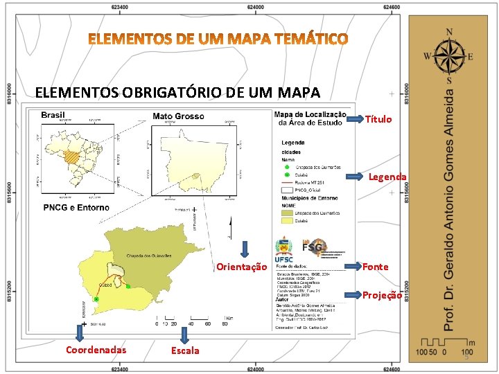ELEMENTOS OBRIGATÓRIO DE UM MAPA Título Legenda Orientação Fonte Projeção Coordenadas Escala 5 