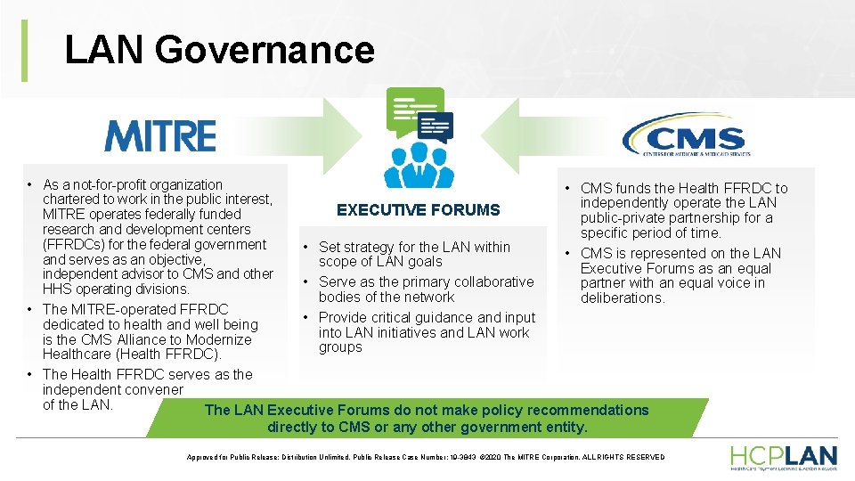 LAN Governance • As a not-for-profit organization • CMS funds the Health FFRDC to LAN Governance • As a not-for-profit organization • CMS funds the Health FFRDC to