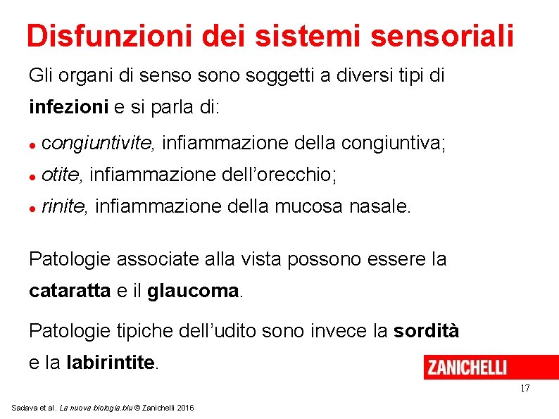 Disfunzioni dei sistemi sensoriali Gli organi di senso sono soggetti a diversi tipi di