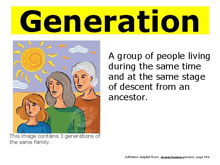 Generation A group of people living during the same time and at the same