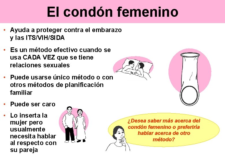 El condón femenino • Ayuda a proteger contra el embarazo y las ITS/VIH/SIDA •