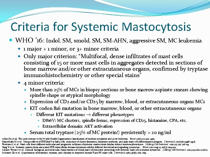 Criteria for Systemic Mastocytosis WHO ’ 16: Indol. SM, smold. SM, SM-AHN, aggressive SM,