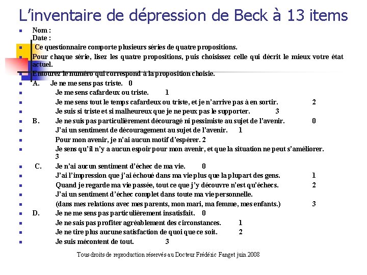 L’inventaire de dépression de Beck à 13 items n n n n n n